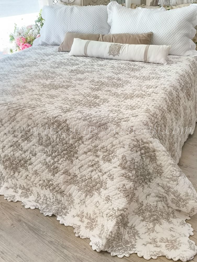 Blanc Mariclo boutis trapuntato in cotone matrimoniale toile de jouy tortora chiaro