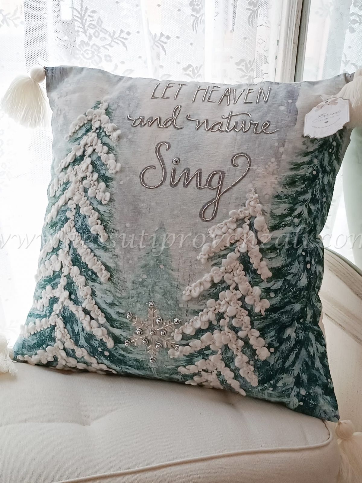 Blanc Mariclo cuscino ricamato con alberi e perline cm.45x45