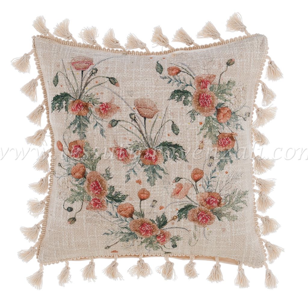 Blanc Mariclo cuscino ricamato con nappe serie Coquelicot cm.30x30