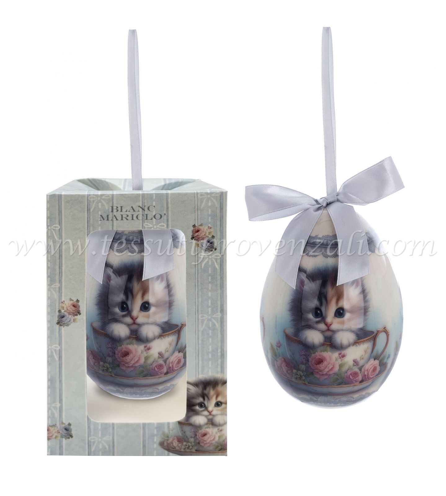 Blanc Mariclo decoro uovo di Pasqua con scatola regalo serie Uova Incantate decoro gattino cm.8x10,5 h.