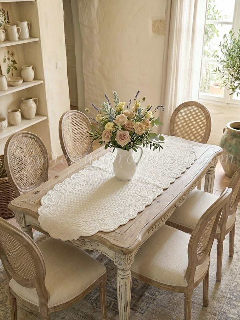 Blanc Mariclo runner/centrotavola boutis ovale serie Carmen cm.45x100 colore naturale