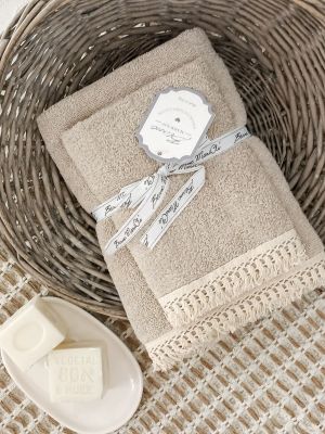 Blanc Mariclo set asciugamani in spugna con frange viso + ospite serie Lourmarin colore beige