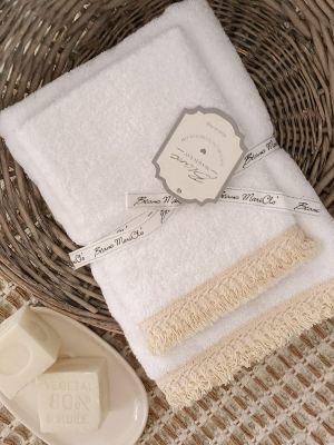Blanc Mariclo set asciugamani in spugna con frange viso + ospite serie Lourmarin colore bianco