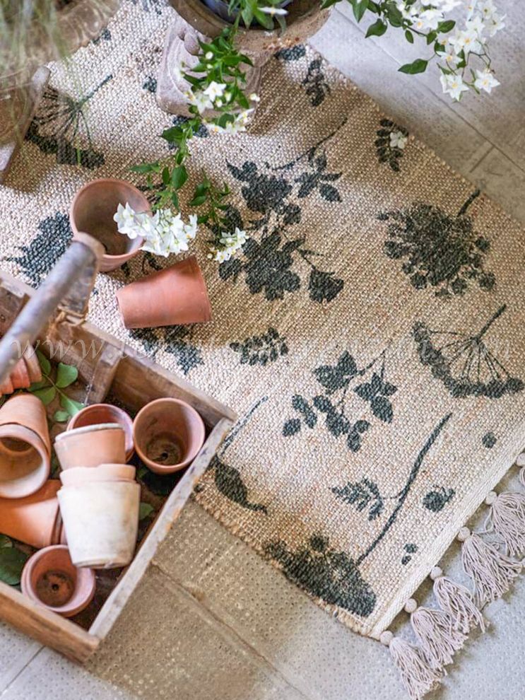 Blanc Mariclo tappeto in juta con frange stampa floreale verde cm.60x90