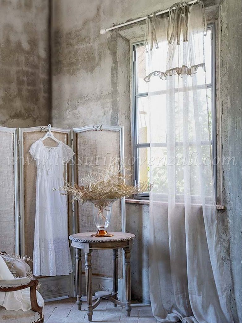 Blanc Mariclo tendone in puro lino serie Dentelle Elegance cm. 135x290 h.
