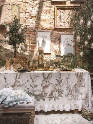 Blanc Mariclo tovaglia decoro conigli con balze serie Le jardin des lapins cm.180x310