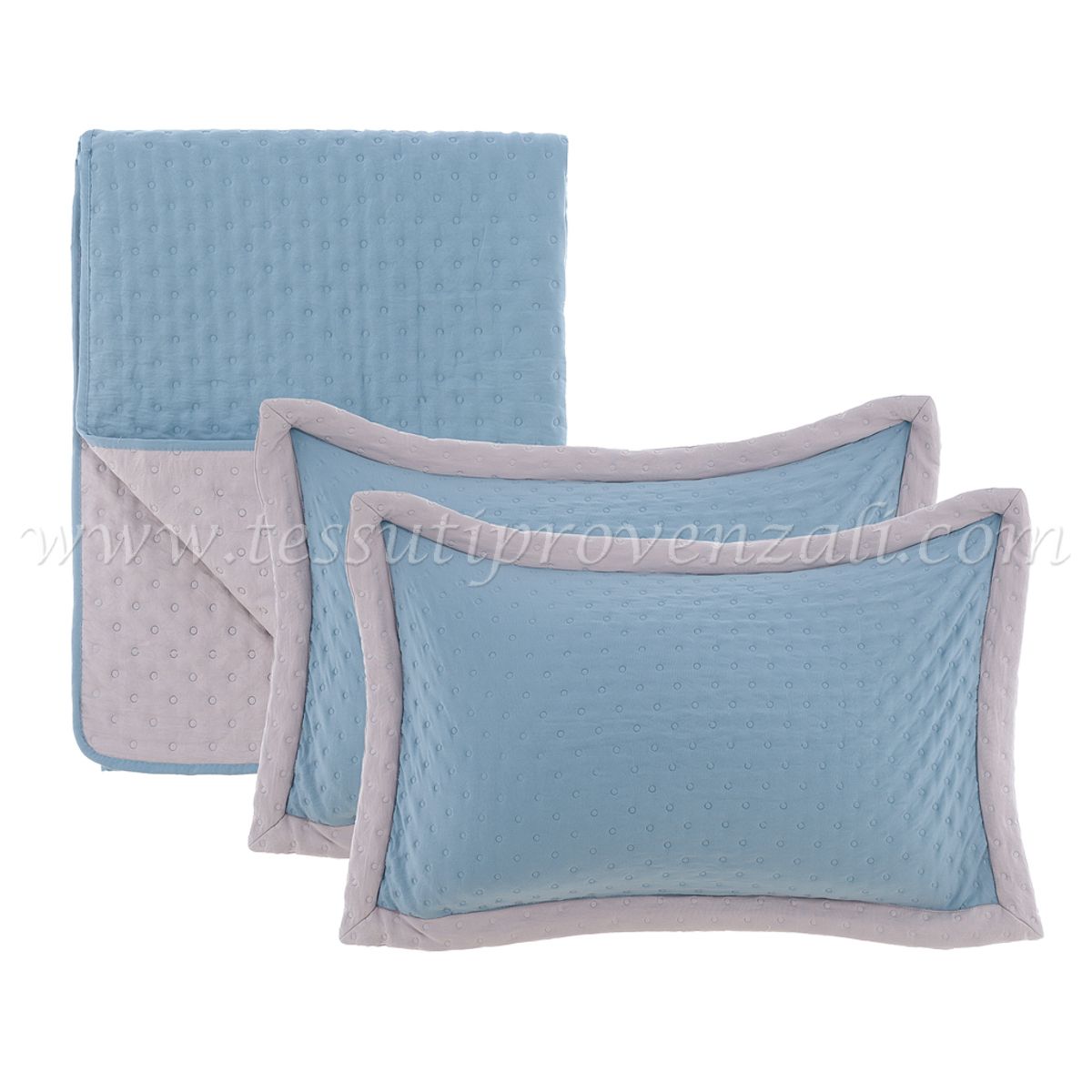 Blanc Mariclo trapuntino una piazza e mezza doubleface con 2 copriguanciali serie Simple Border colore azzurro e tortora