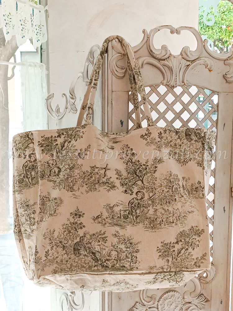 Borsa in tessuto toile de jouy/righe reversibile cm.50x40x18 colore verde