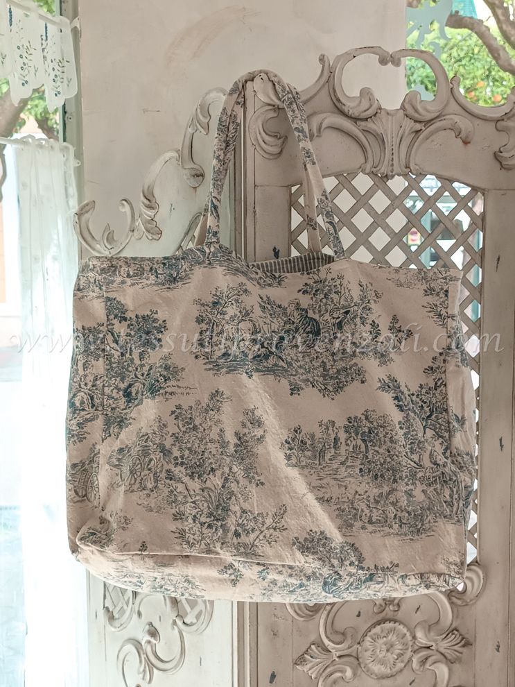 Borsa in tessuto toile de jouy/righe reversibile cm.50x40x18 colore celeste