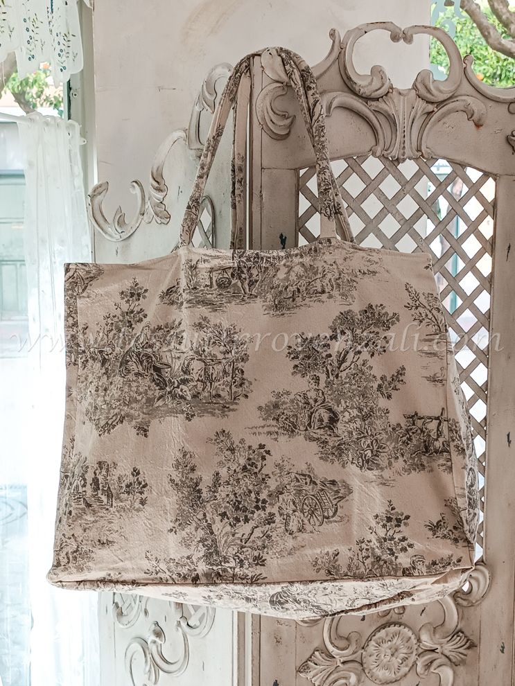 Borsa in tessuto toile de jouy/righe reversibile cm.50x40x18 colore grigio