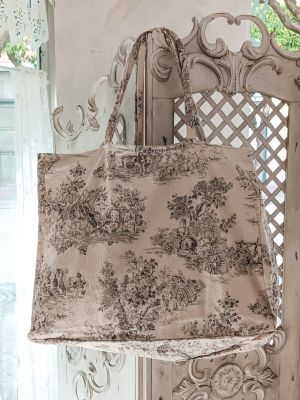 Borsa in tessuto toile de jouy/righe reversibile cm.50x40x18 colore grigio