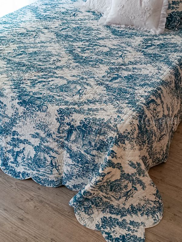 Boutis singolo toile de jouy reversibile cm.180x250 colore blu petrolio