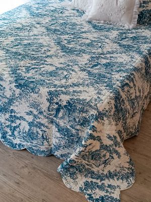 Boutis singolo toile de jouy reversibile cm.180x250 colore blu petrolio