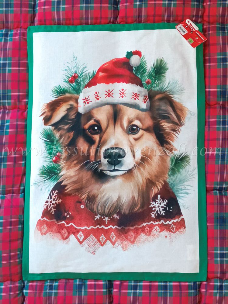 Canovaccio con stampa natalizia serie Xmas Friends cane - variante con cappello