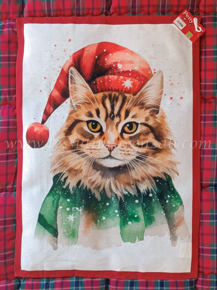 Canovaccio con stampa natalizia serie Xmas Friends gatto - variante verde