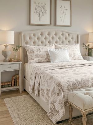 Completo lenzuola cotone percalle matrimoniale serie Saint Remy toile de jouy tortora / beige chiaro