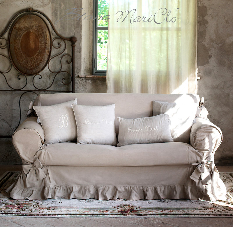 Shabby chic Sofa Bezug aus Baumwolle 2er Sitz Farbe beige Blanc Mariclo