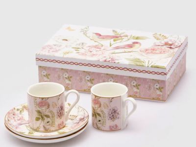 EDG Set 2 tazzine da caffè in porcellana con piattini e scatola serie Garden rosa
