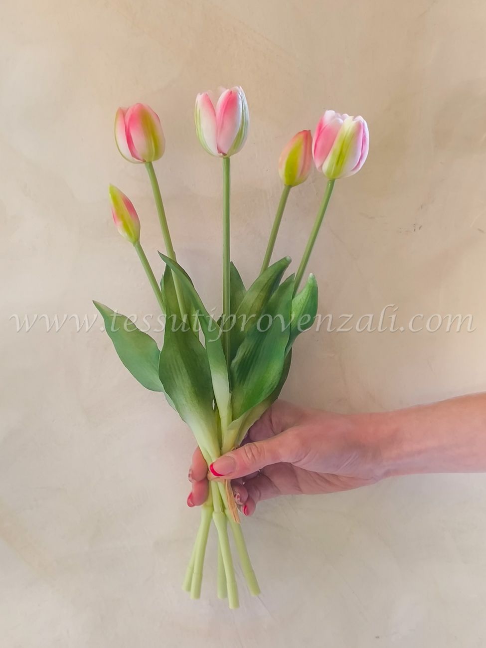 Mazzo di tulipani artificiali real touch EDG Enzo de Gasperi - rosa e verde, 5 steli