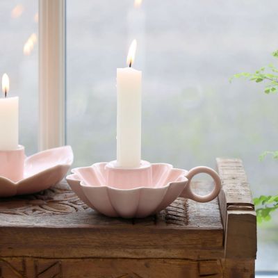 Portacandela bugia in stoneware Chic Antique colore rosa