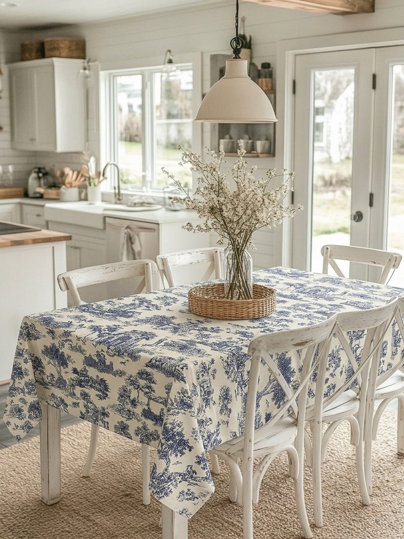 Baumwolltischdecke mit blauem Toile-de-Jouy-Druck cm.140x230